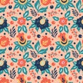 Vector seamless pattern with different flowers, leaves, berries on a pink background. pattern for printing on fabric, clothing, w Royalty Free Stock Photo